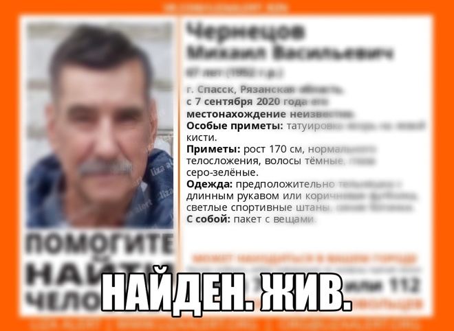 Пропавший в Рязанской области 67-летний мужчина найден живым