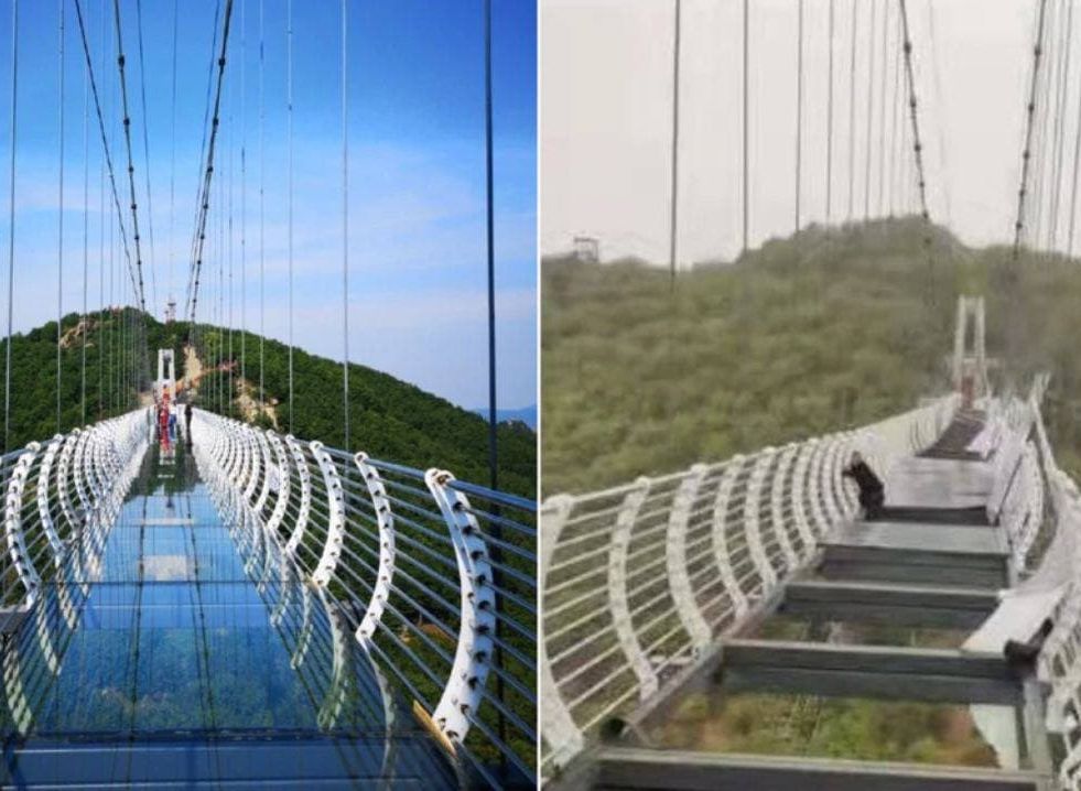 В Китае турист из-за урагана застрял на мосту с прозрачным полом