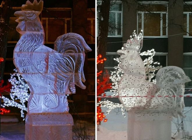 Восстановлена разрушенная вандалами ледяная скульптура петуха, которую создал рязанец