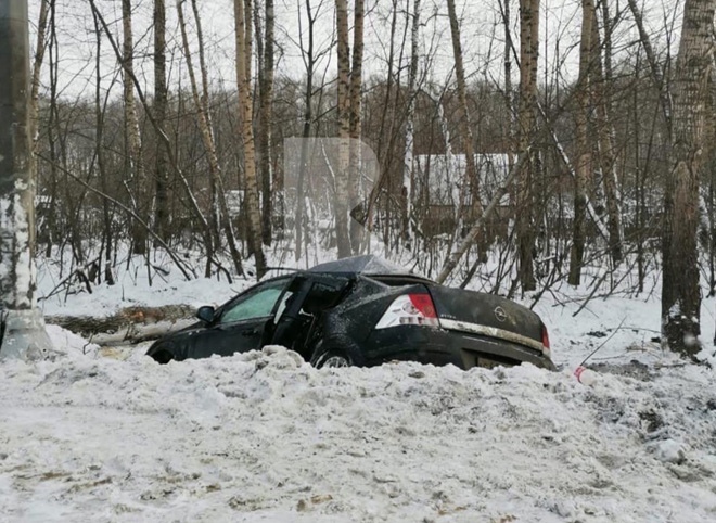 На Ряжском шоссе Opel врезался в столб и вылетел в кювет