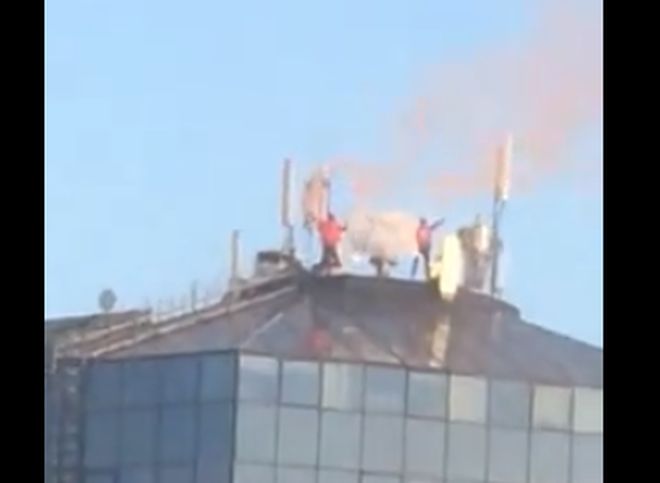Люди в масках взобрались на крышу рязанского бизнес-центра (видео)